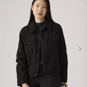 Levi Sherpa Trucker Jacket Black Denim Womens XL